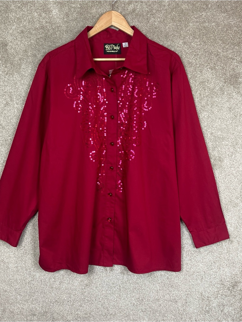 Bob Mackie Wearable Art Shirt Womens 1X Red Button Sequin Long Sleeve New- 4974
